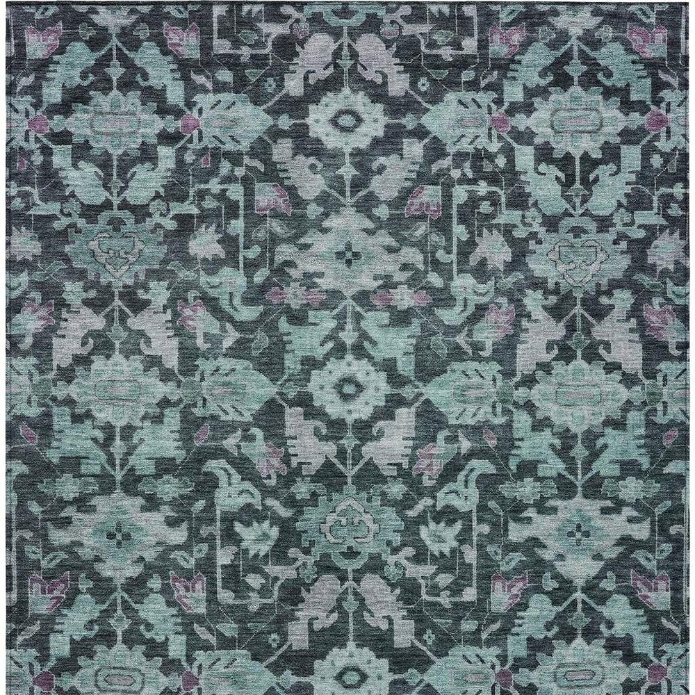 9' X 12' Teal Blue And Plum Floral Washable Indoor Outdoor Area Rug