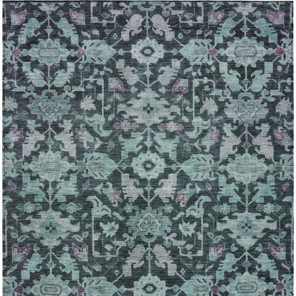 9' X 12' Teal Blue And Plum Floral Washable Indoor Outdoor Area Rug