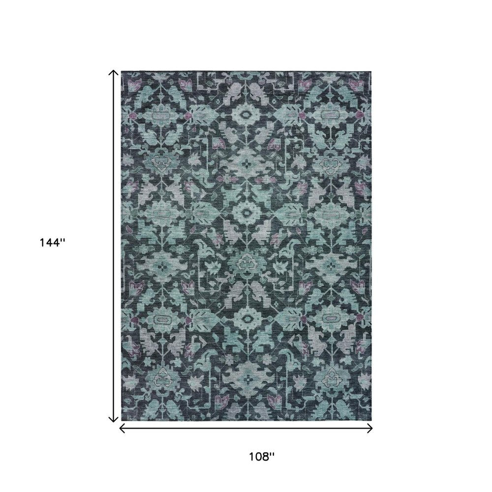 9' X 12' Teal Blue And Plum Floral Washable Indoor Outdoor Area Rug