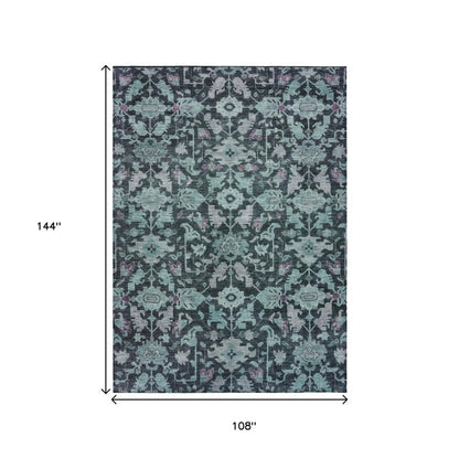 9' X 12' Teal Blue And Plum Floral Washable Indoor Outdoor Area Rug