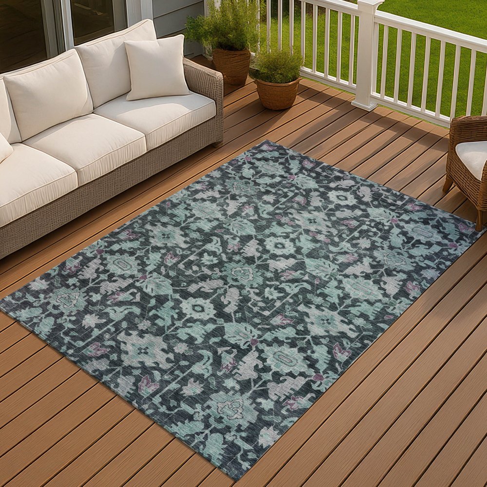 9' X 12' Teal Blue And Plum Floral Washable Indoor Outdoor Area Rug