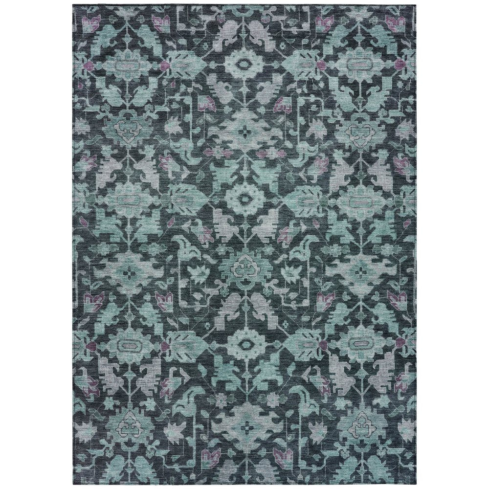 9' X 12' Teal Blue And Plum Floral Washable Indoor Outdoor Area Rug