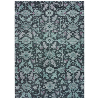 9' X 12' Teal Blue And Plum Floral Washable Indoor Outdoor Area Rug