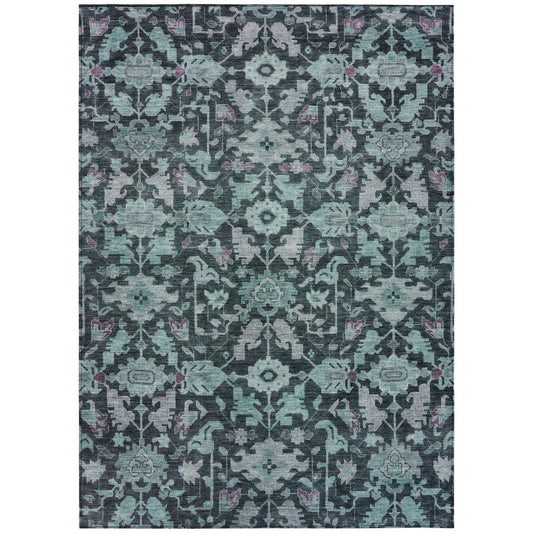 9' X 12' Teal Blue And Plum Floral Washable Indoor Outdoor Area Rug