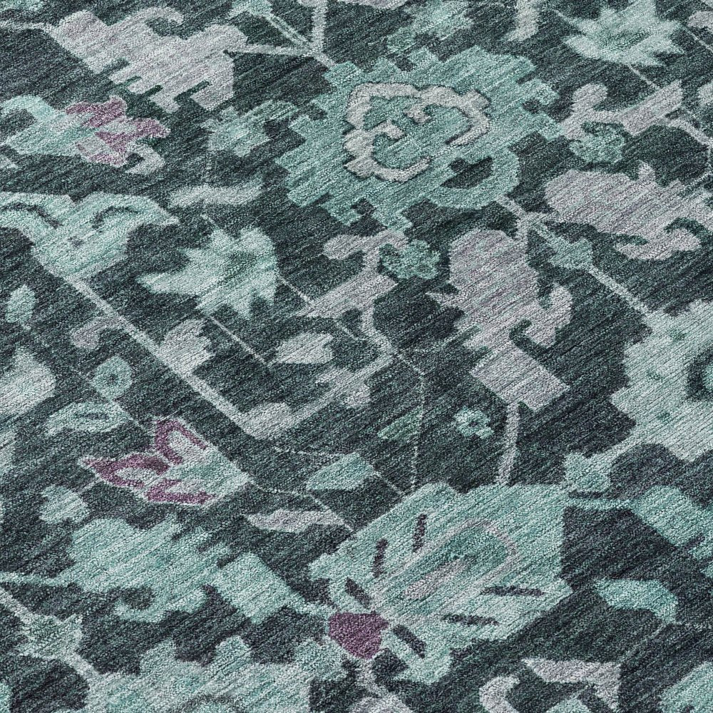 9' X 12' Teal Blue And Plum Floral Washable Indoor Outdoor Area Rug