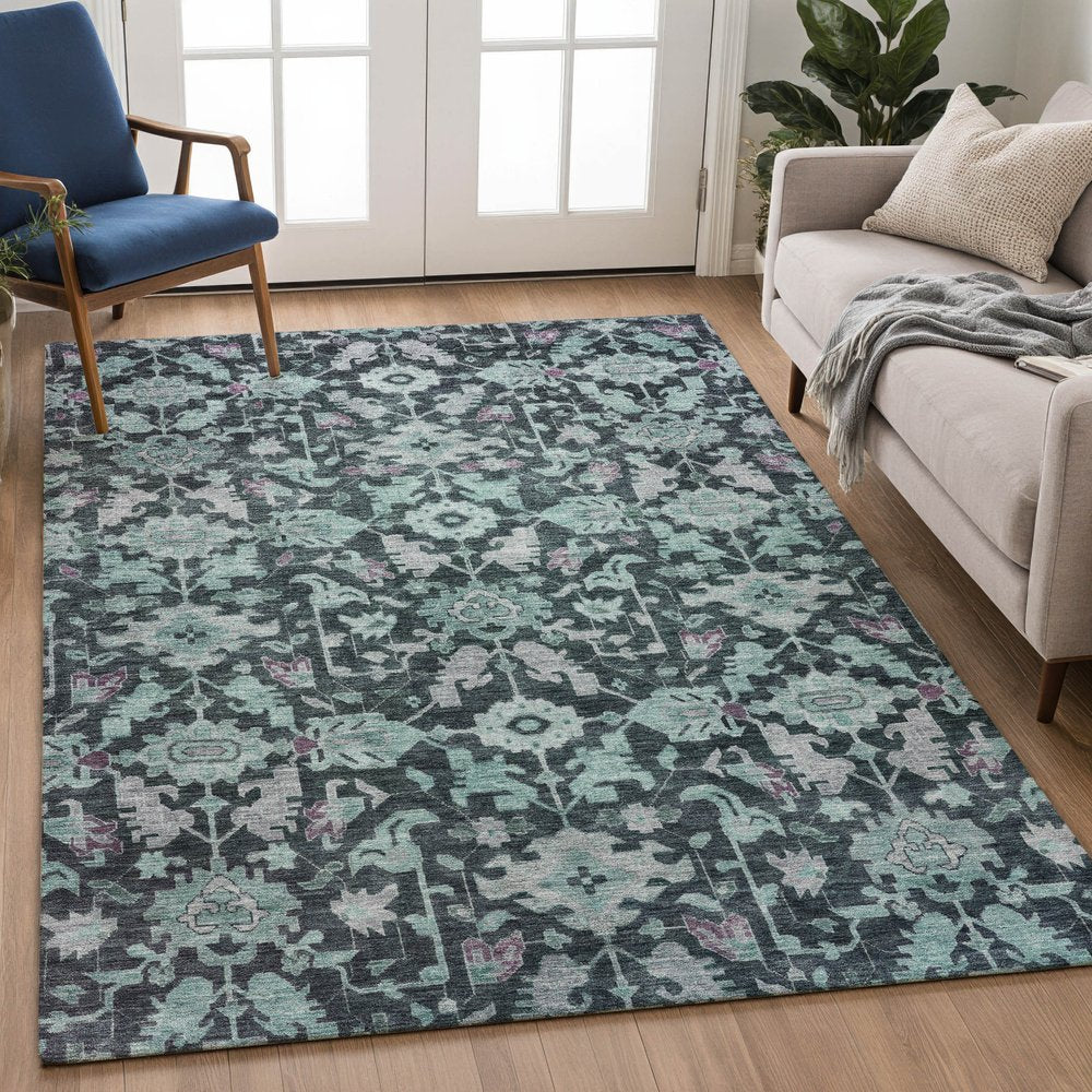 9' X 12' Teal Blue And Plum Floral Washable Indoor Outdoor Area Rug