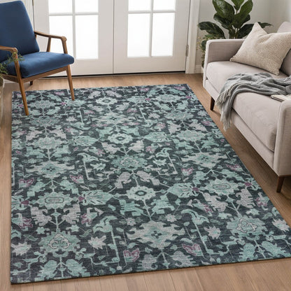 9' X 12' Teal Blue And Plum Floral Washable Indoor Outdoor Area Rug