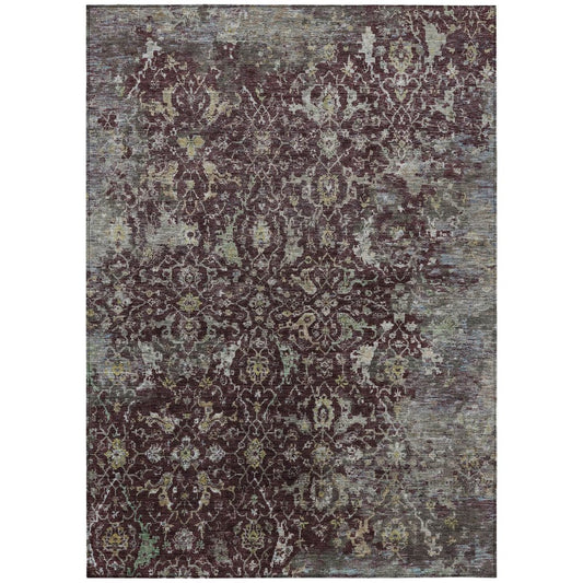 9' X 12' Burgundy And Gray Damask Washable Indoor Outdoor Area Rug