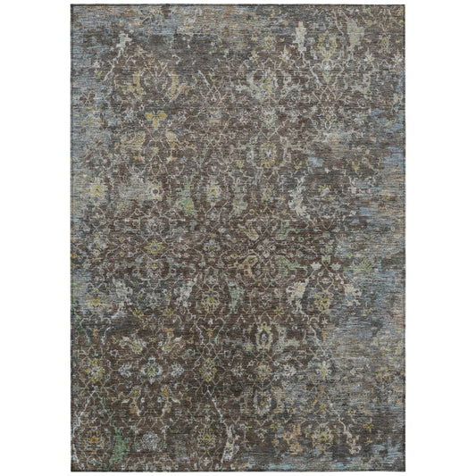 10' X 14' Chocolate And Gray Damask Washable Indoor Outdoor Area Rug