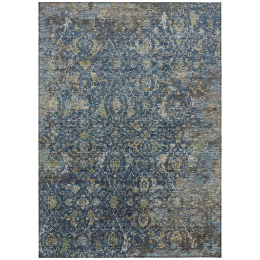 9' X 12' Navy Blue And Gray Damask Washable Indoor Outdoor Area Rug