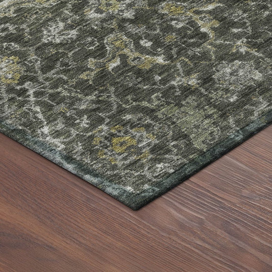 9' X 12' Pewter And Gray Damask Washable Indoor Outdoor Area Rug