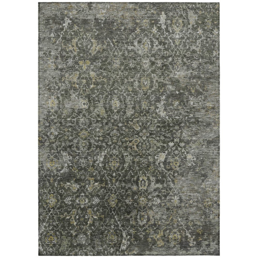 10' X 14' Pewter And Gray Damask Washable Indoor Outdoor Area Rug