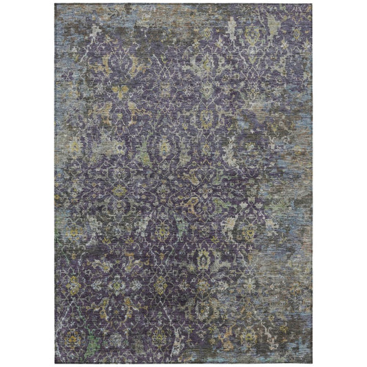 9' X 12' Plum And Gray Damask Washable Indoor Outdoor Area Rug