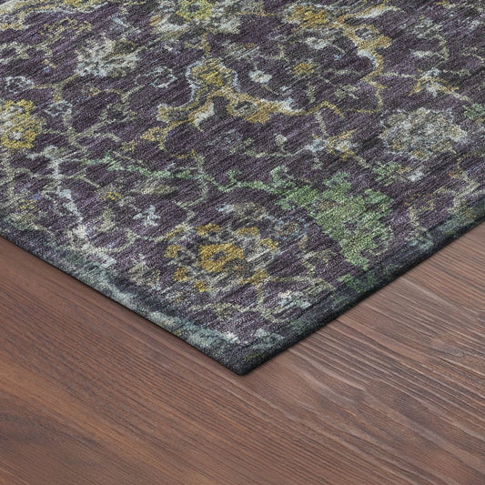 10' X 14' Plum And Gray Damask Washable Indoor Outdoor Area Rug