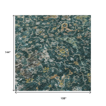 9' X 12' Teal Blue And Gray Damask Washable Indoor Outdoor Area Rug