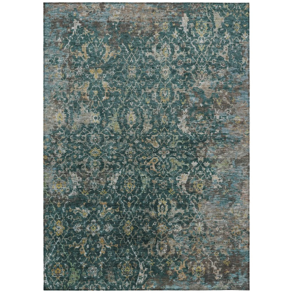 9' X 12' Teal Blue And Gray Damask Washable Indoor Outdoor Area Rug