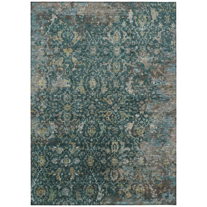 9' X 12' Teal Blue And Gray Damask Washable Indoor Outdoor Area Rug