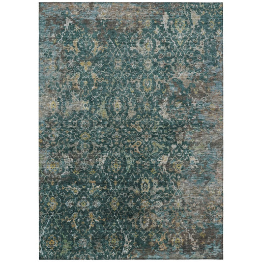 9' X 12' Teal Blue And Gray Damask Washable Indoor Outdoor Area Rug