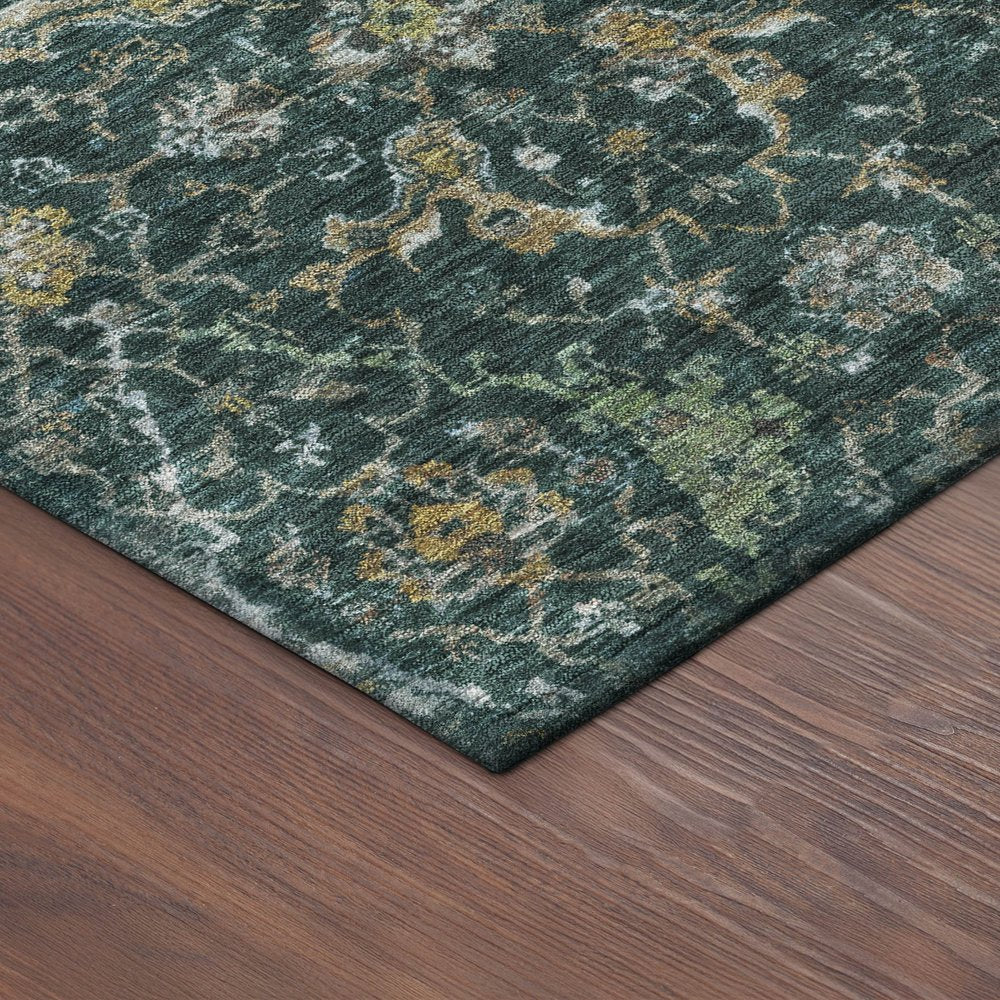 9' X 12' Teal Blue And Gray Damask Washable Indoor Outdoor Area Rug