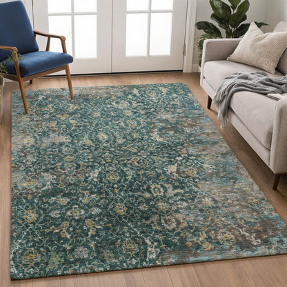 9' X 12' Teal Blue And Gray Damask Washable Indoor Outdoor Area Rug