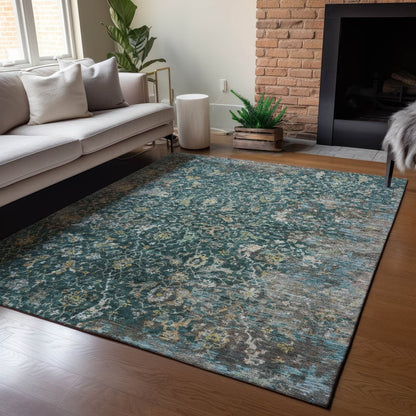 9' X 12' Teal Blue And Gray Damask Washable Indoor Outdoor Area Rug