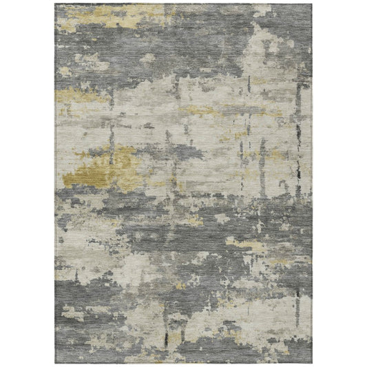 9' X 12' Pewter Ivory And Gold Abstract Washable Indoor Outdoor Area Rug