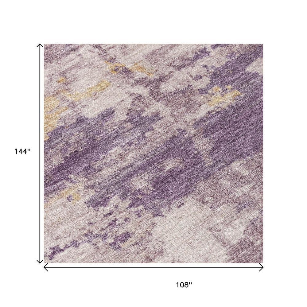 9' X 12' Plum Ivory And Gold Abstract Washable Indoor Outdoor Area Rug