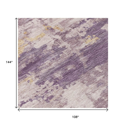 9' X 12' Plum Ivory And Gold Abstract Washable Indoor Outdoor Area Rug