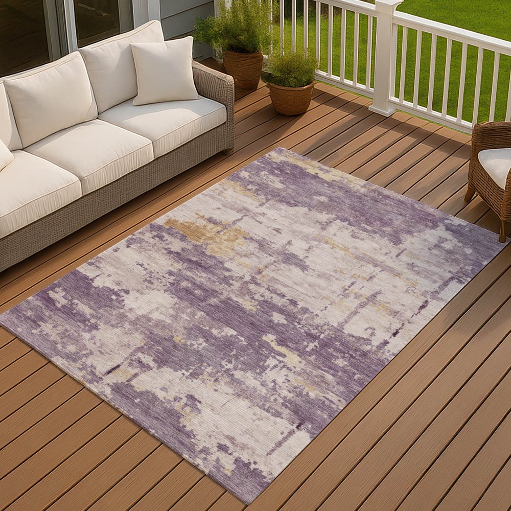 9' X 12' Plum Ivory And Gold Abstract Washable Indoor Outdoor Area Rug