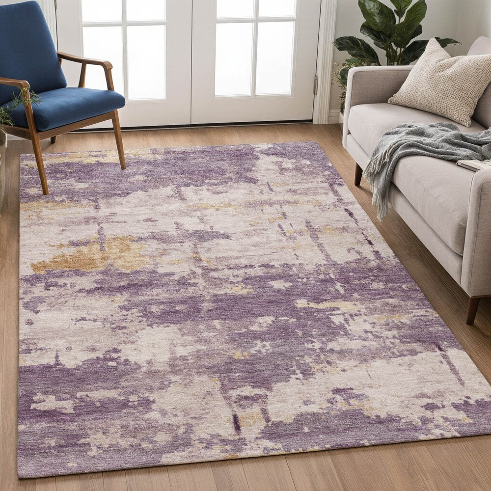 9' X 12' Plum Ivory And Gold Abstract Washable Indoor Outdoor Area Rug