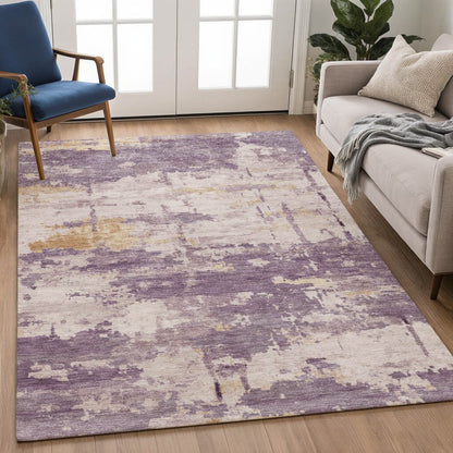 9' X 12' Plum Ivory And Gold Abstract Washable Indoor Outdoor Area Rug