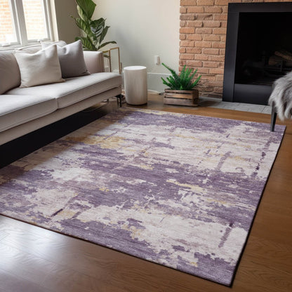 9' X 12' Plum Ivory And Gold Abstract Washable Indoor Outdoor Area Rug