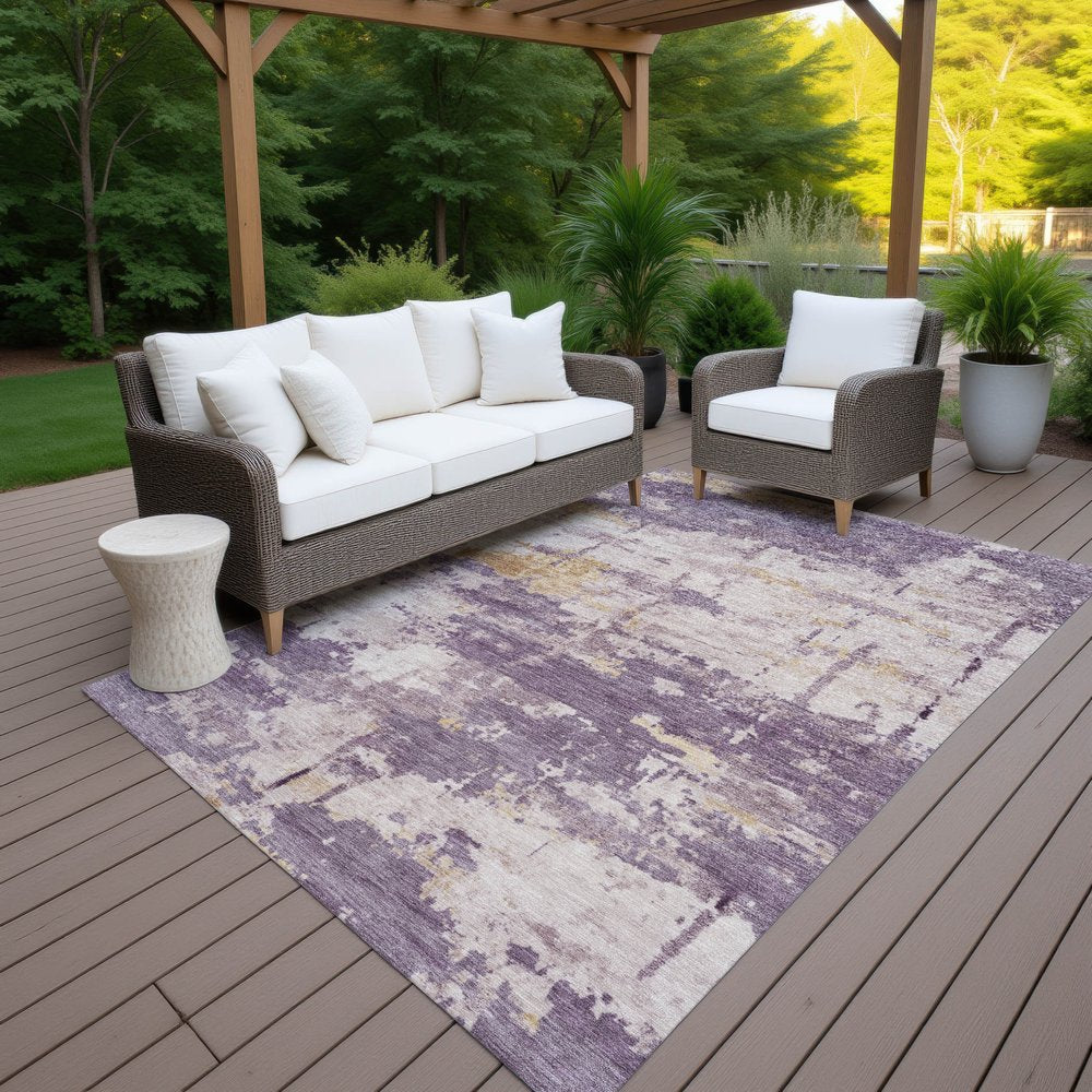 9' X 12' Plum Ivory And Gold Abstract Washable Indoor Outdoor Area Rug