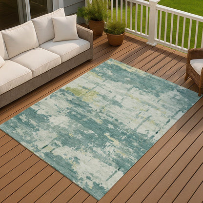 9' X 12' Teal Blue Ivory And Gold Abstract Washable Indoor Outdoor Area Rug