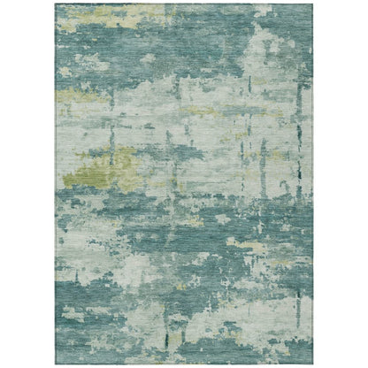 9' X 12' Teal Blue Ivory And Gold Abstract Washable Indoor Outdoor Area Rug