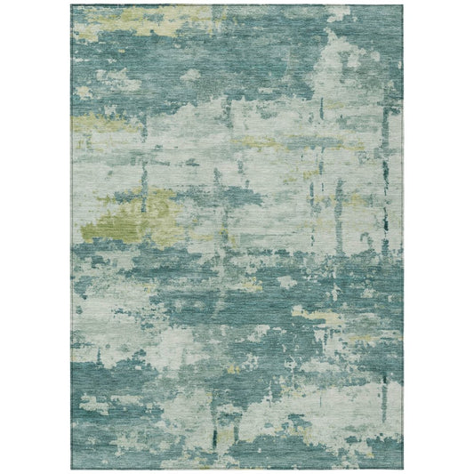 9' X 12' Teal Blue Ivory And Gold Abstract Washable Indoor Outdoor Area Rug