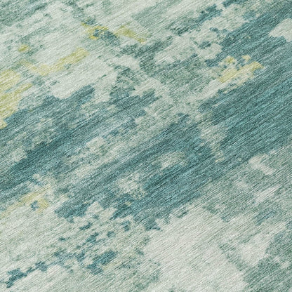 9' X 12' Teal Blue Ivory And Gold Abstract Washable Indoor Outdoor Area Rug
