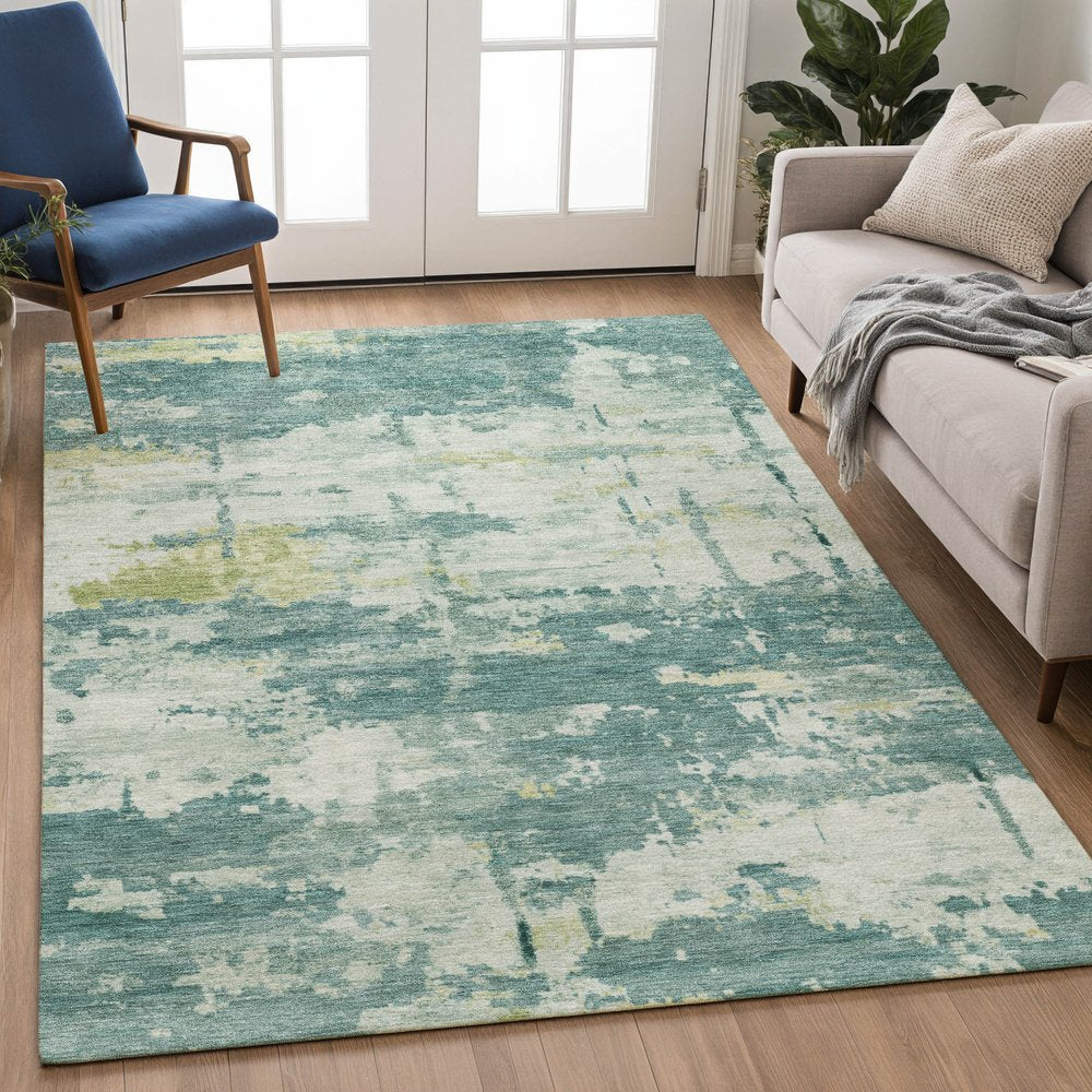 9' X 12' Teal Blue Ivory And Gold Abstract Washable Indoor Outdoor Area Rug