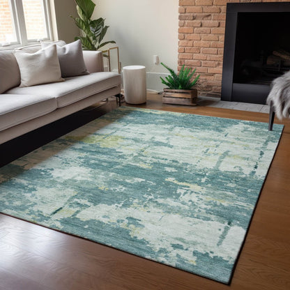 9' X 12' Teal Blue Ivory And Gold Abstract Washable Indoor Outdoor Area Rug