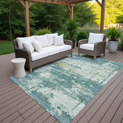 9' X 12' Teal Blue Ivory And Gold Abstract Washable Indoor Outdoor Area Rug