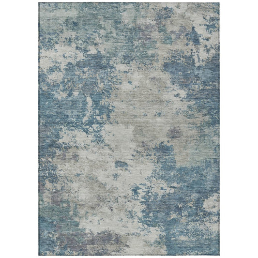 9' X 12' Denim Blue And Gray Abstract Washable Indoor Outdoor Area Rug