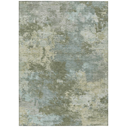9' X 12' Fern Green And Beige Abstract Washable Indoor Outdoor Area Rug