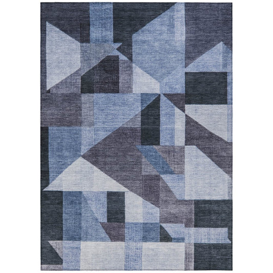 9' X 12' Blue And Ivory Geometric Washable Indoor Outdoor Area Rug