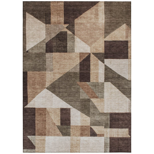 10' X 14' Brown And Beige Geometric Washable Indoor Outdoor Area Rug