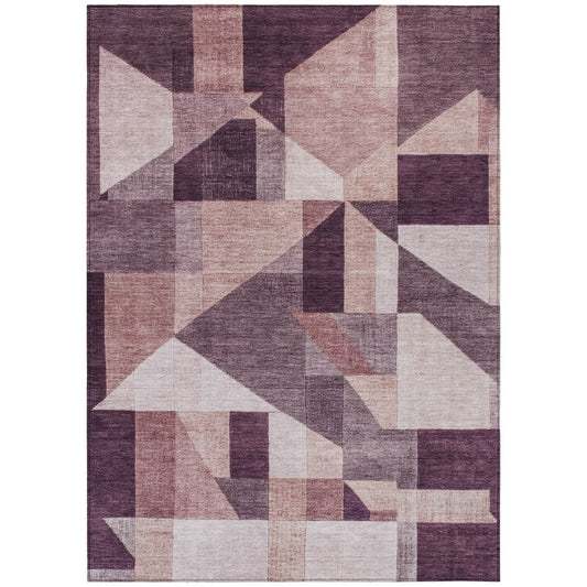10' X 14' Eggplant And Ivory Geometric Washable Indoor Outdoor Area Rug