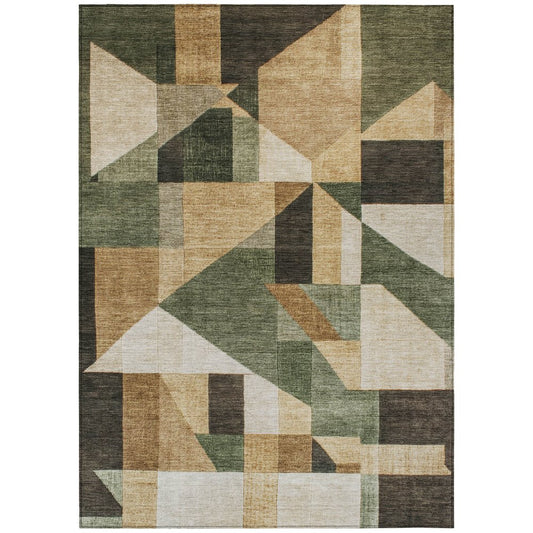 9' X 12' Fern Green Beige And Ivory Geometric Washable Indoor Outdoor Area Rug