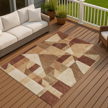 9' X 12' Rust And Beige Geometric Washable Indoor Outdoor Area Rug