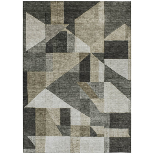 10' X 14' Pewter And Ivory Geometric Washable Indoor Outdoor Area Rug