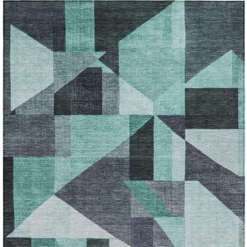 9' X 12' Teal Blue And Gray Geometric Washable Indoor Outdoor Area Rug
