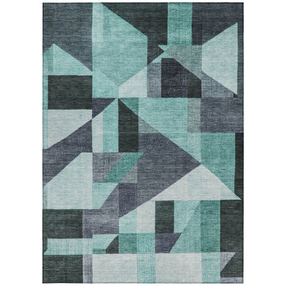 9' X 12' Teal Blue And Gray Geometric Washable Indoor Outdoor Area Rug